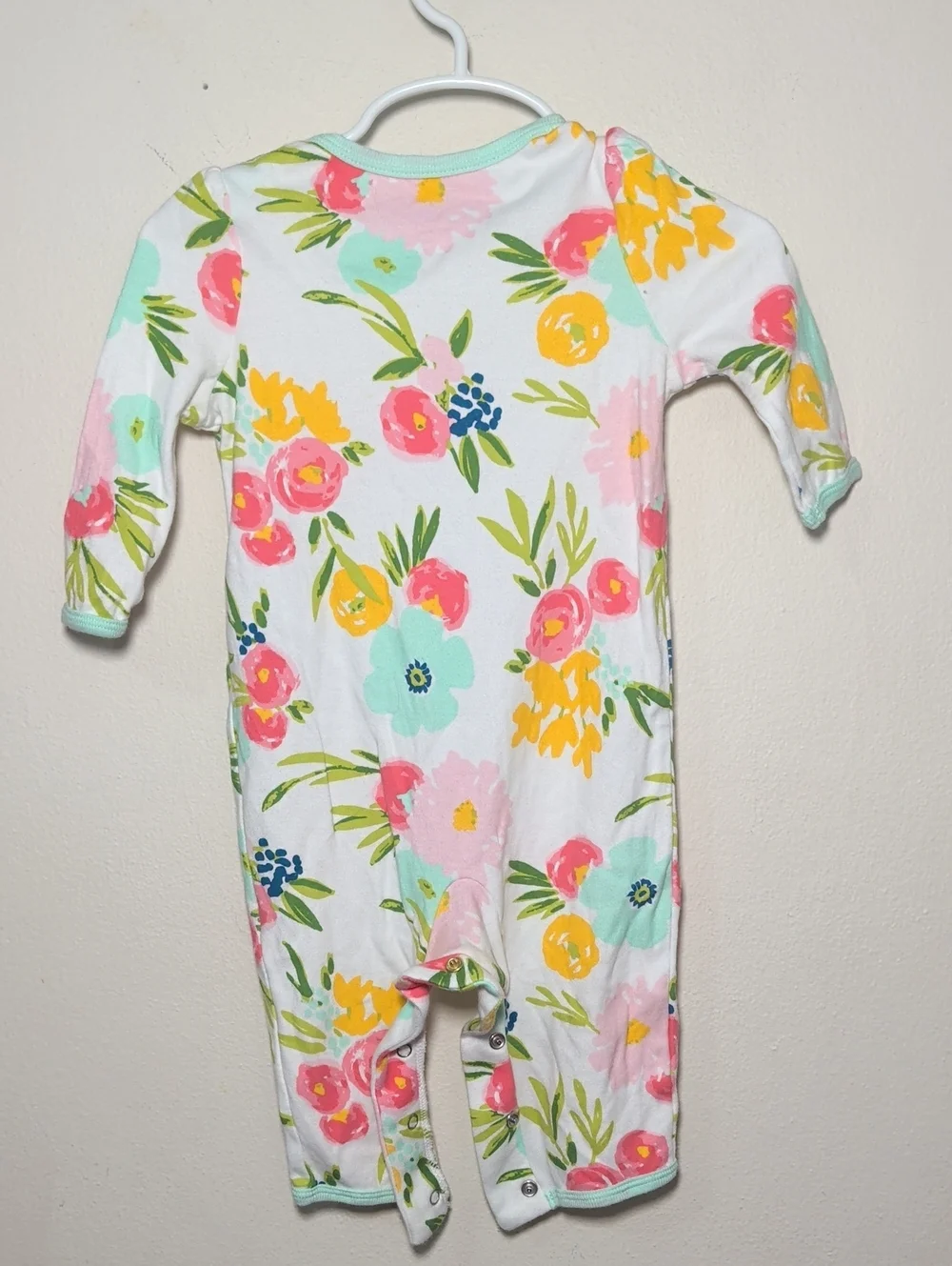 Cloud Island Watercolor Floral Romper White Pink Green 100% Cotton Size 3-6M
